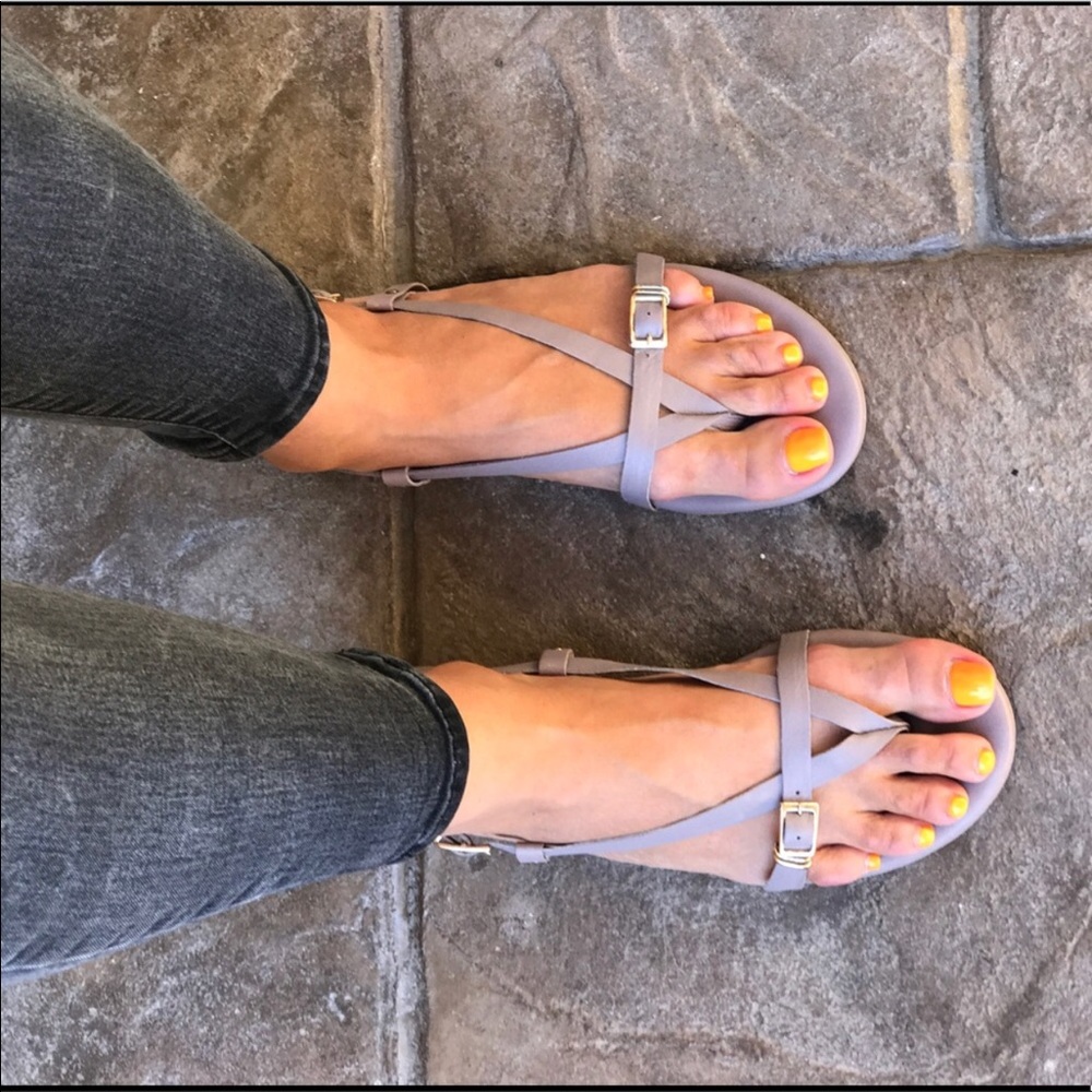 Strappy Artisan Hardware Leather Taupe Sandals
